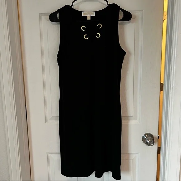 Michael Kors Small Black Bodycon Mini Sleeveless Dress with Gold Eyelets - Picture 2 of 5